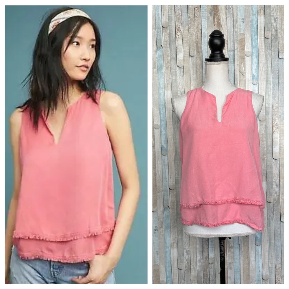 Anthropologie S Cloth & Stone Tiered Tank Pink Layered Raw Fringe Hem Top Tencel
